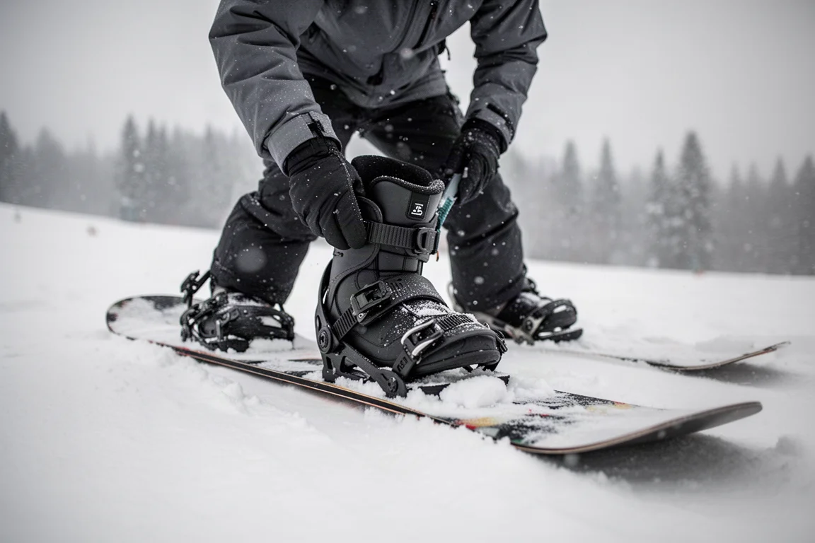 Snowboardeur engageant un pied botté dans une fixation sur une pente enneigée