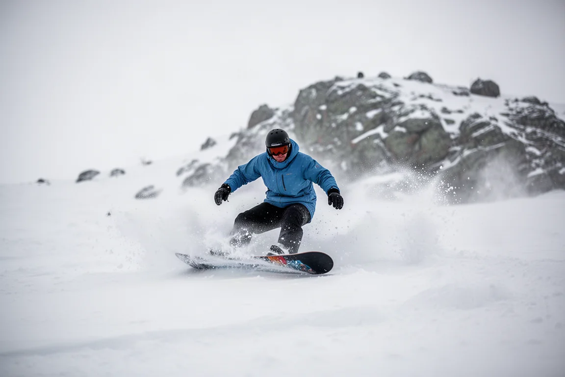 Planche de snowboard taillant dans une neige hachée et projetant un spray de poudreuse