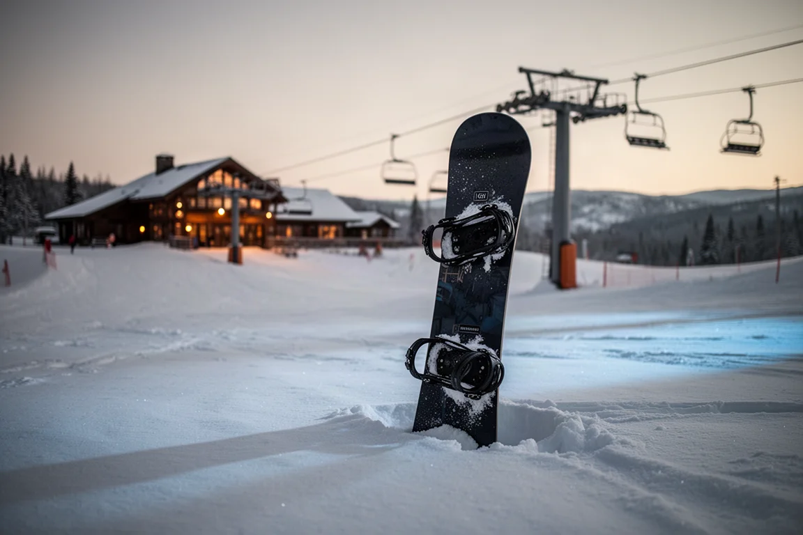 Snowboard avec des fixations posées dans la neige d'une station au crépuscule