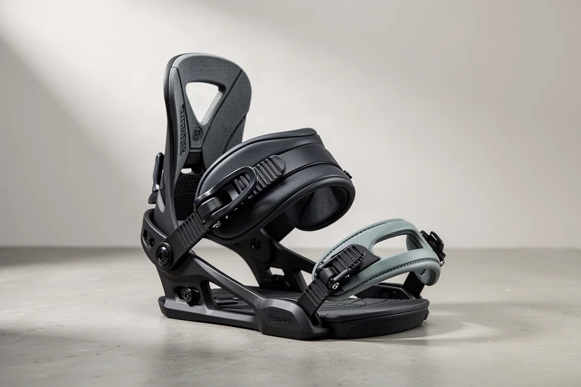 Matte black snowboard binding with two-piece ankle strap and rigid highback on concrete