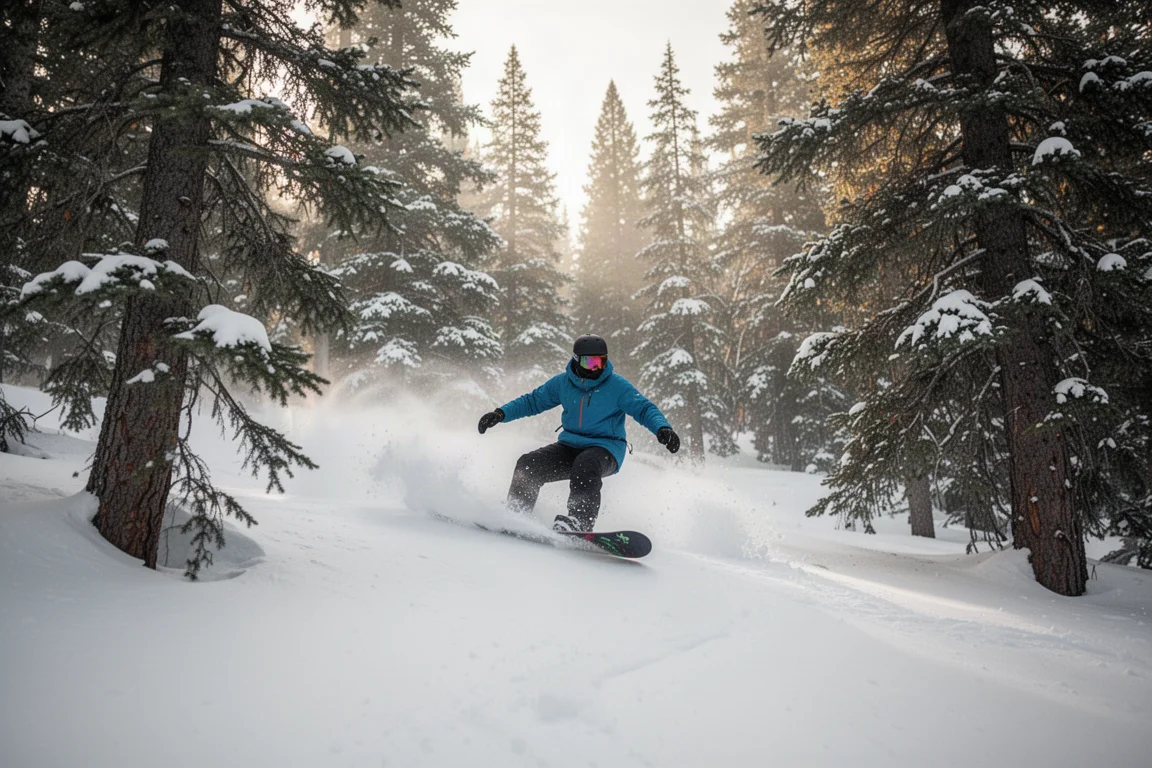 Snowboarder fährt durch Bäume auf festem Schnee bei diffusem Licht