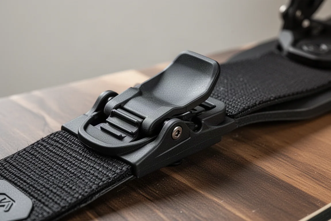 Nahaufnahme einer werkzeuglosen Flip-Tab-Verstellung am Strap einer Snowboard-Bindung
