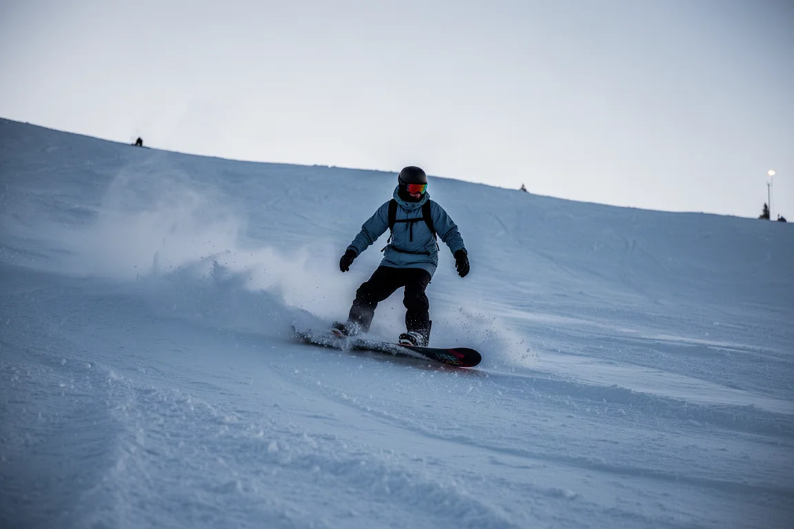 Snowboarder belastet die Heelside-Kante auf vereistem, festgetretenem Schnee in der Dämmerung