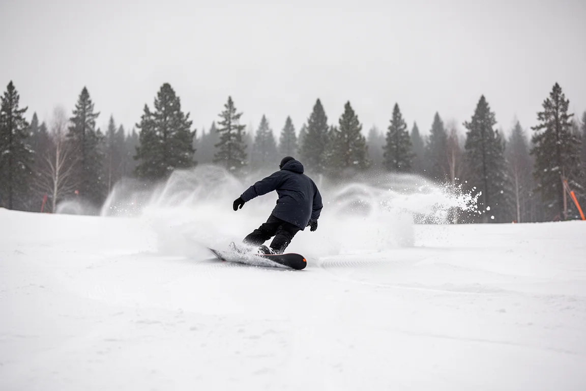 Snowboarder fährt eine harte Schwungkante über eine feste präparierte Piste mit Schneestrahl