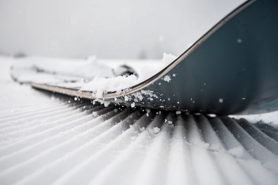 Nahaufnahme aus niedrigem Blickwinkel: Eine Snowboardkante beißt sich in festen präparierten Schnee