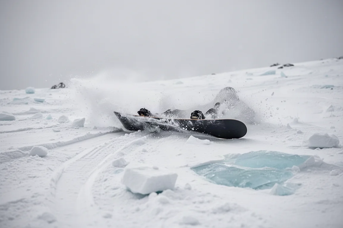 Snowboard gleitet schnell über sperriges, verspurtes Schneefeld bei flachem, bedecktem Licht