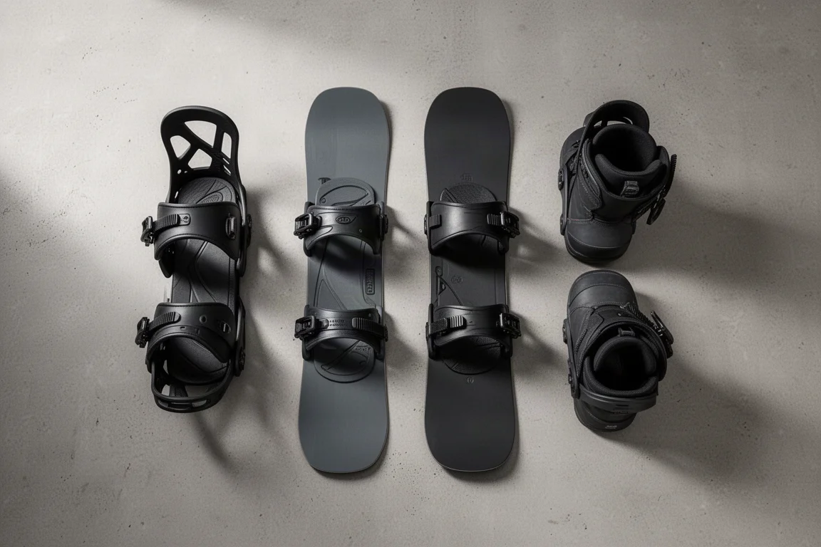Draufsicht auf Snowboard-Bindungen und Boots, angeordnet auf Beton