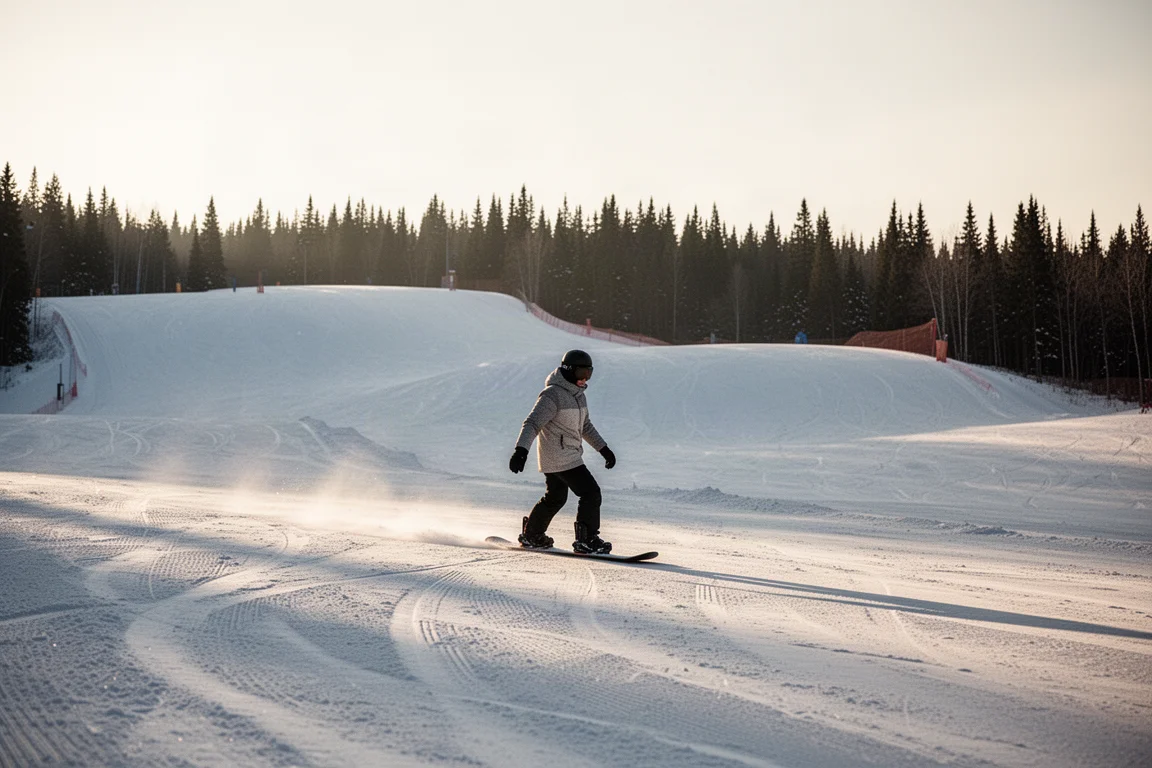 Snowboarder gliding across a groomed beginner slope on a clear winter morning