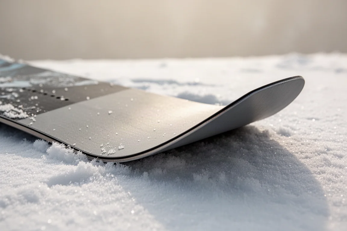 Close-up of a snowboard base and steel edge resting on packed snow