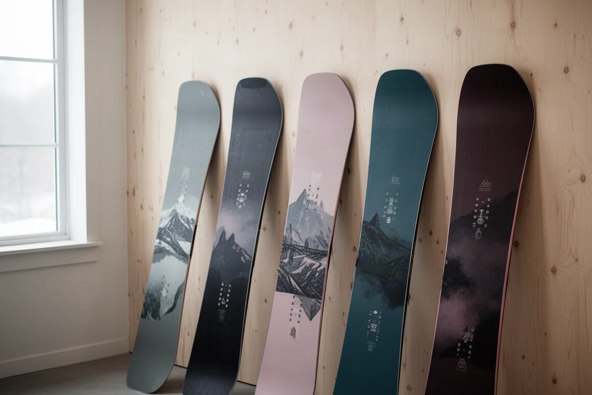 Row of women's snowboards of different lengths leaning against a pale wall