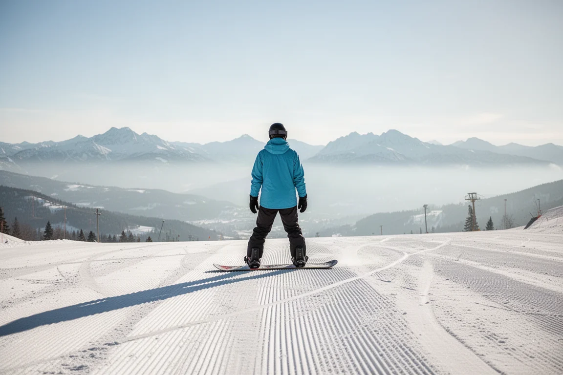 Snowboarder standing at the top of a wide groomed run before descending