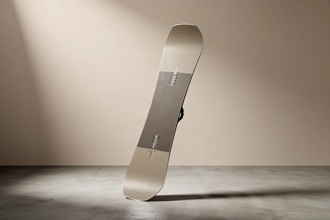 Women's directional snowboard standing upright on a matte concrete surface