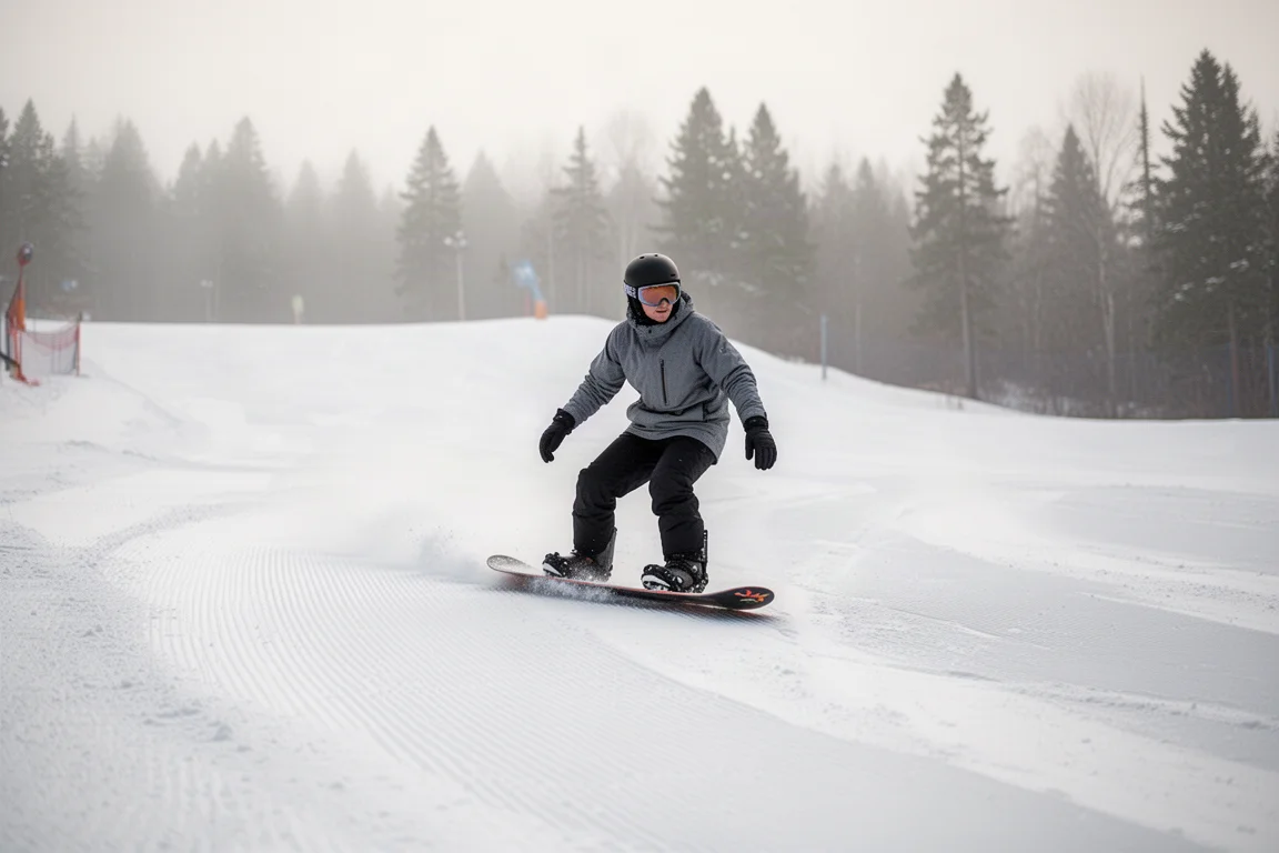 Snowboarder oefent bochten op een zachte, geprepareerde piste