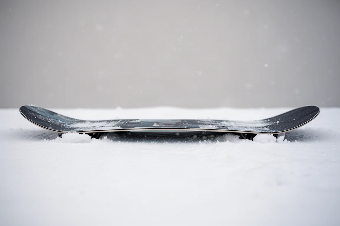 Close-up van het camberprofiel van een snowboard in de sneeuw