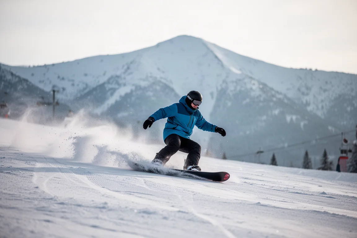 Snowboarder cruist met snelheid over een brede piste