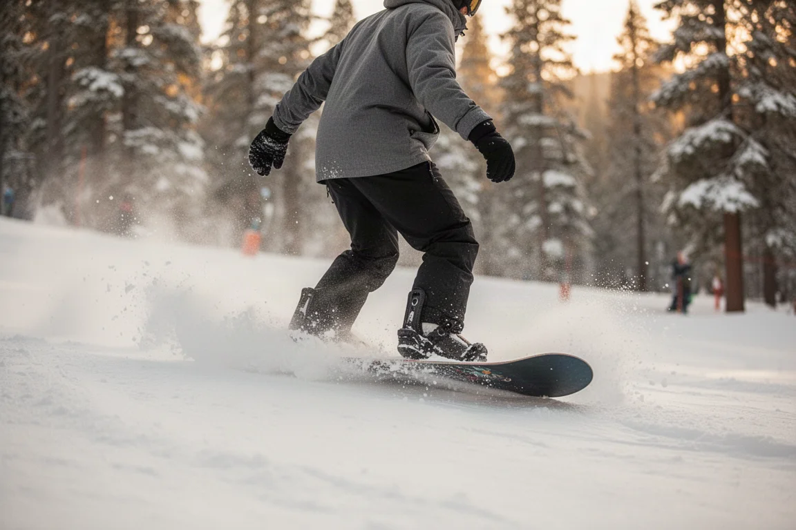 Snowboarder zweeft door lichte poedersneeuw aan de rand van de piste