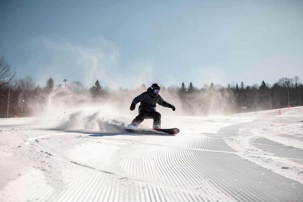 Snowboarderzytnik tnący twardy, przygotowany stok w słoneczny dzień