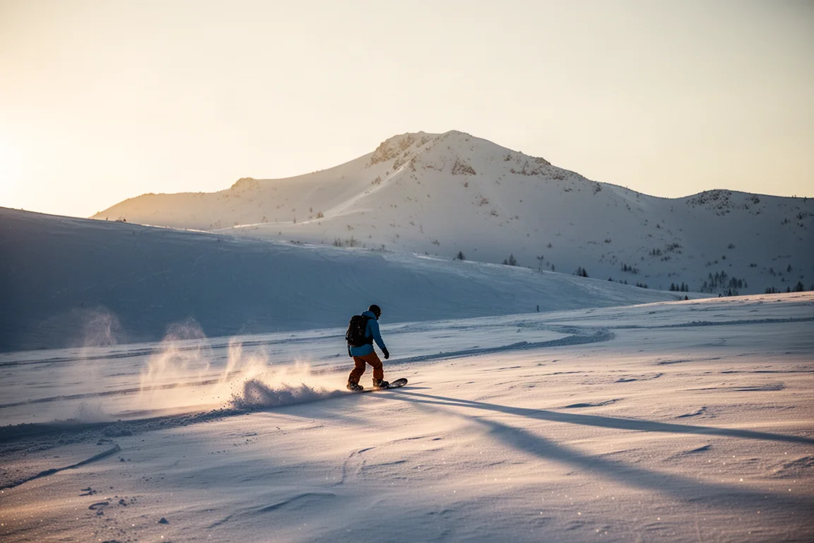 Snowboarder przeciskający się między drzewami na świeżym śniegu