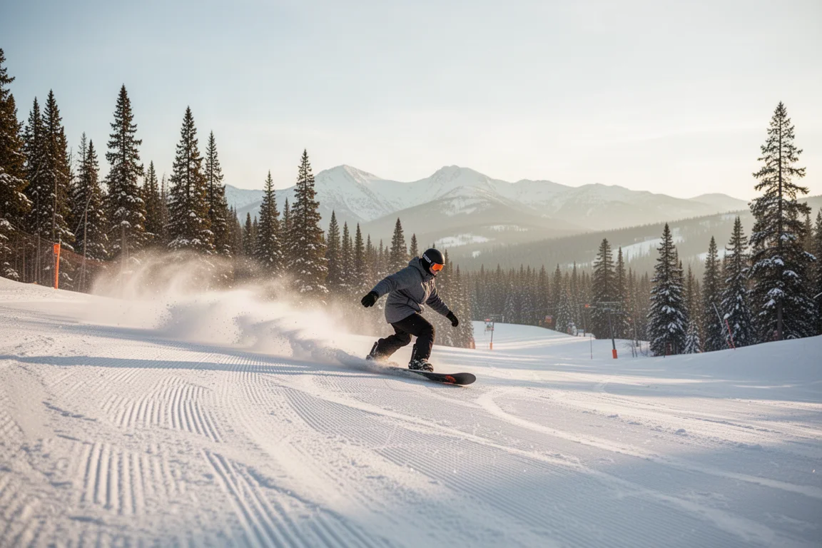 Snowboarder tallando una pista pisada de la estación bajo una suave luz de la mañana