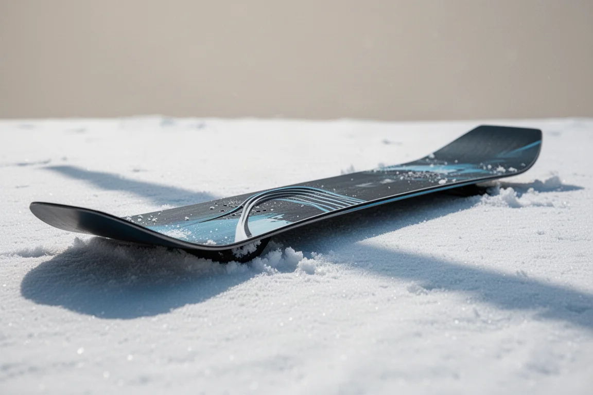 Primer plano del perfil de la nariz y la cola de una tabla de snowboard sobre nieve compactada