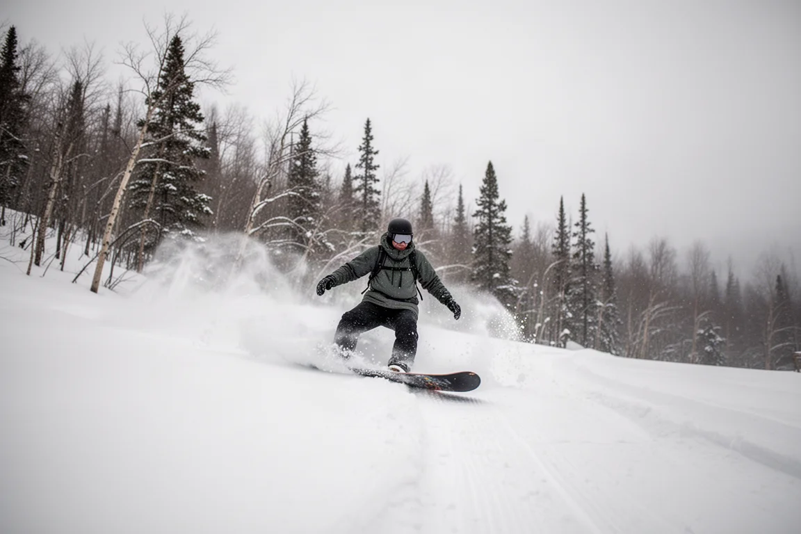 Snowboarder cruzando nieve virgen fuera de pista junto a una línea de árboles