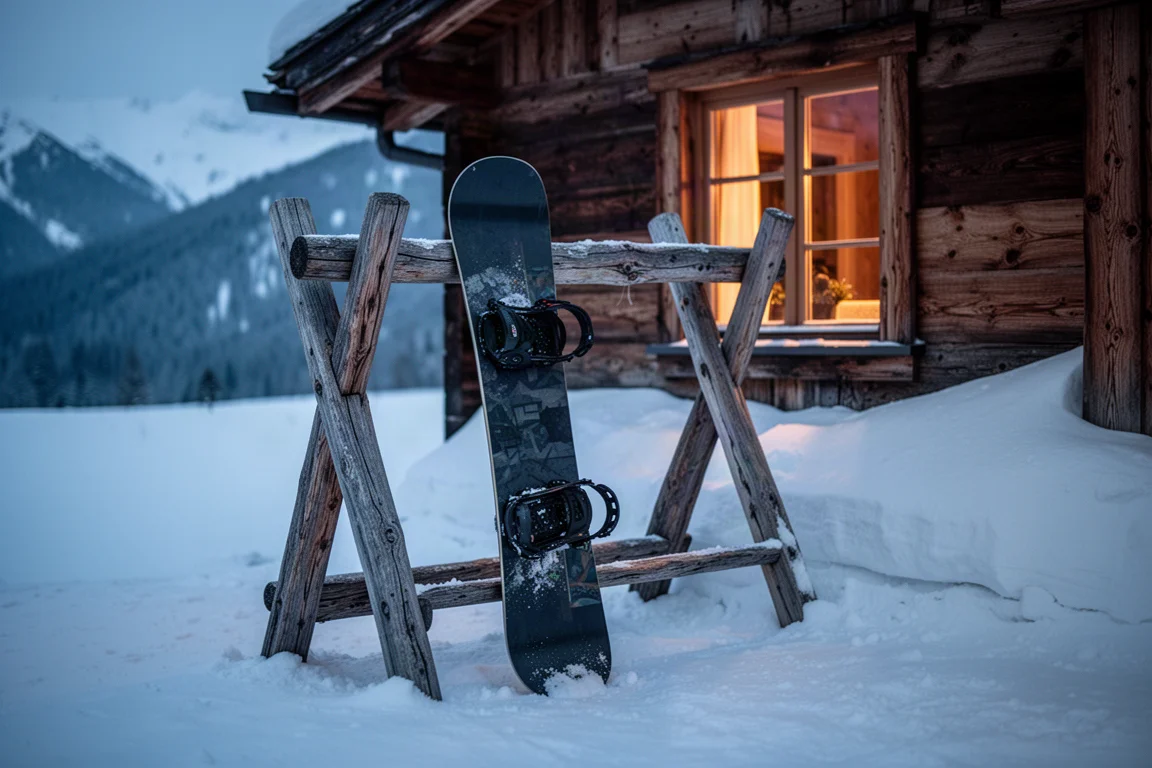 Tabla de snowboard apoyada en un rack de madera frente a un refugio de montaña al atardecer