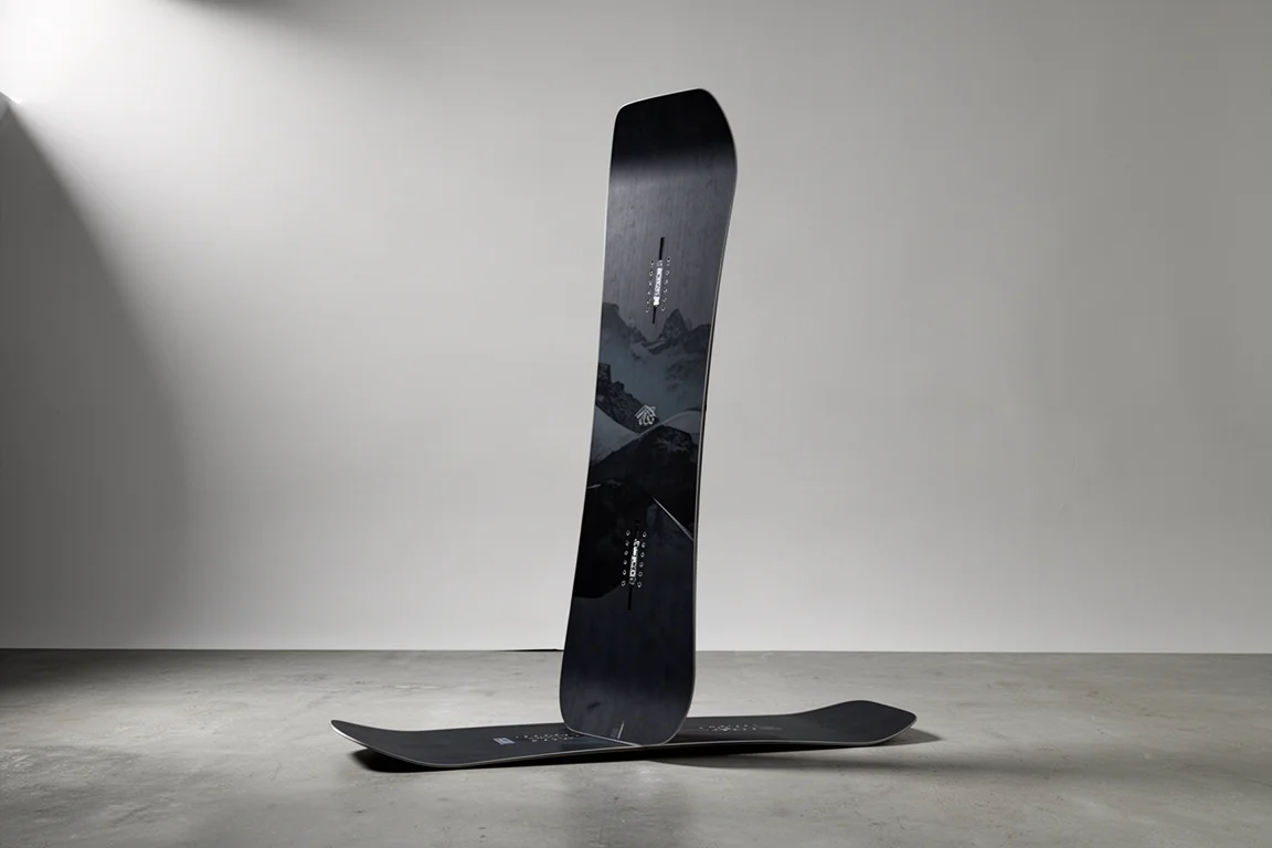 Directional all-mountain snowboard standing upright on a matte concrete floor