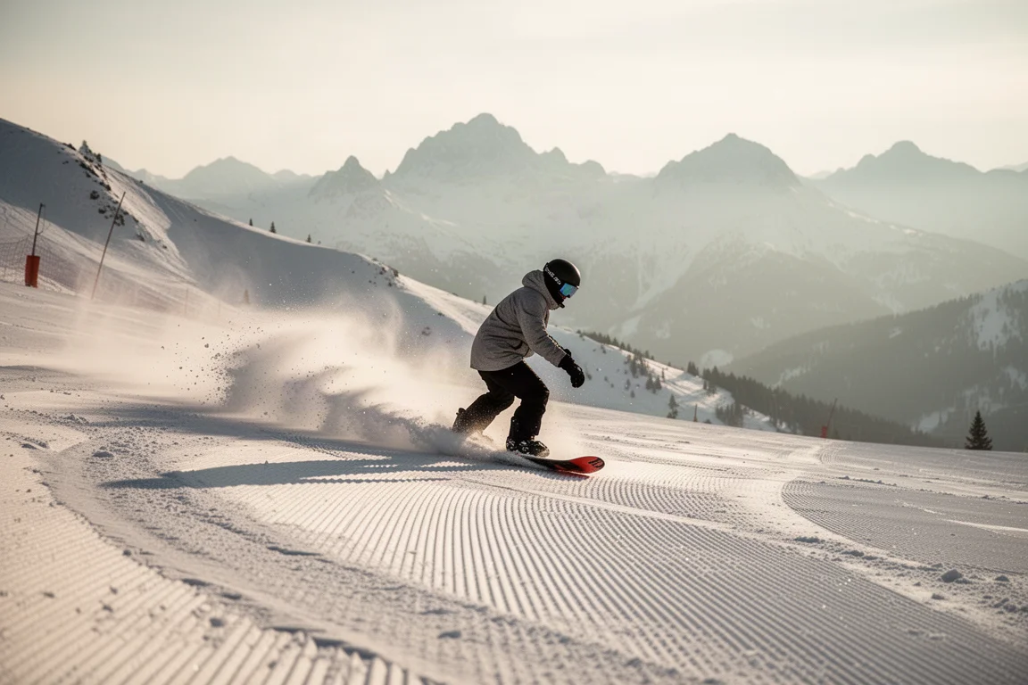 Snowboarder zieht eine Kurve auf fest präparierter Piste im Morgenlicht