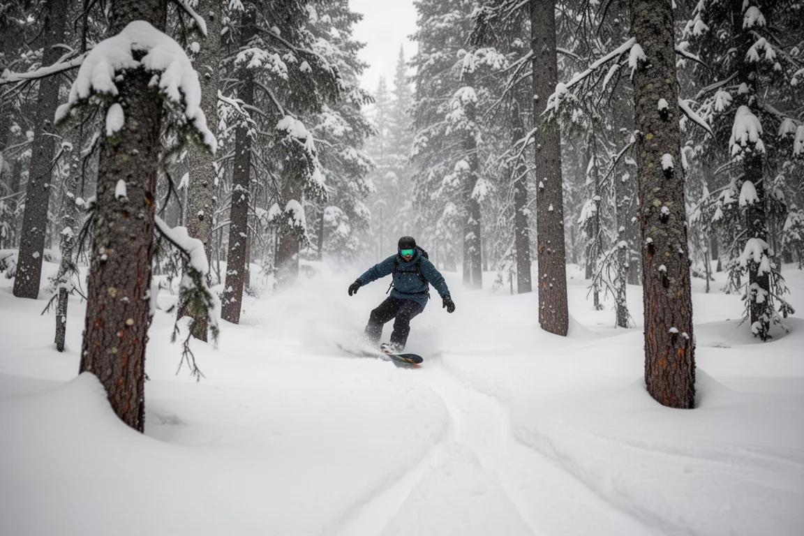 Snowboarder fährt eine Baumschneise im Pulverschnee