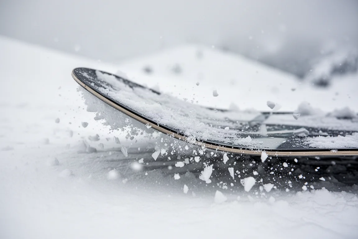 Nahaufnahme einer Snowboard-Kante, die auf vereistem Harsch packt