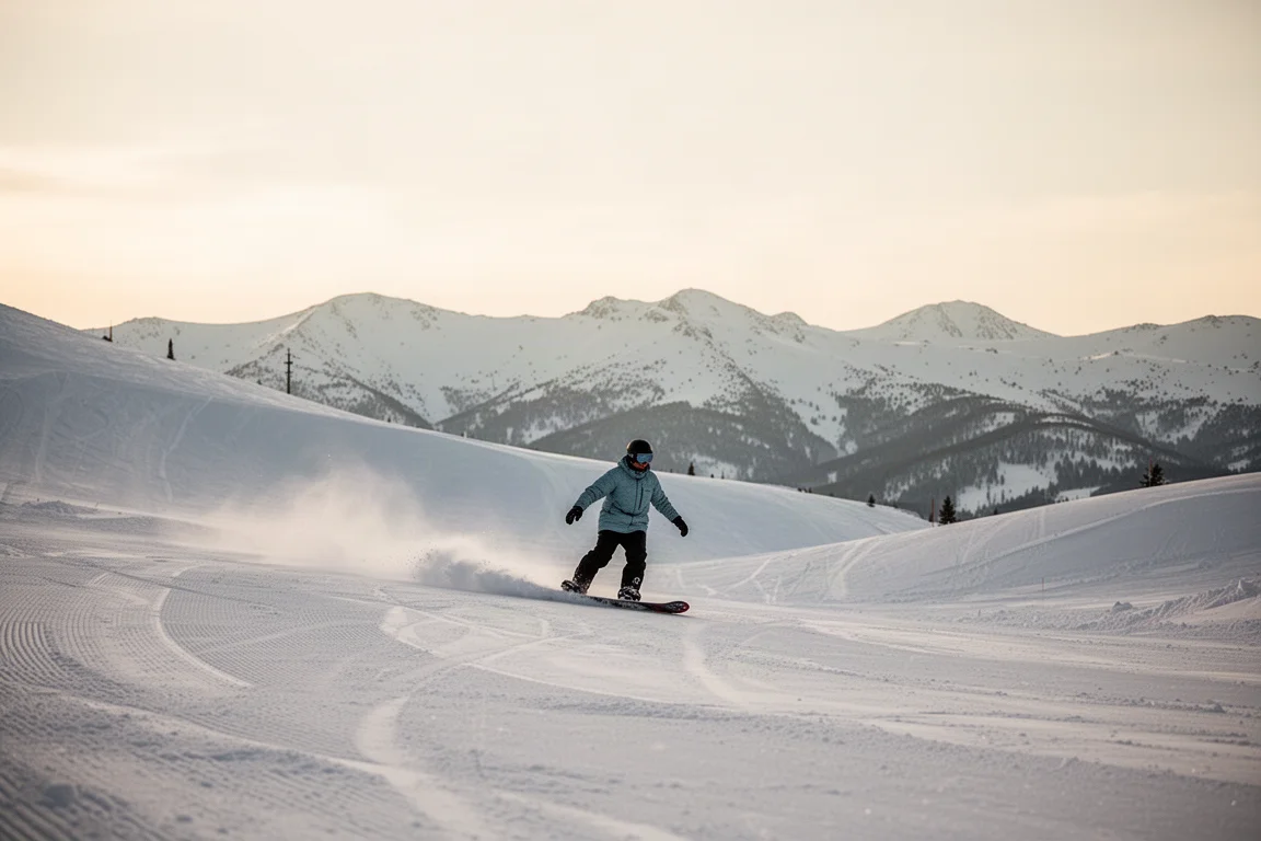 Snowboarder fährt gemäßiges offenes Gelände im sanften Nachmittagslicht