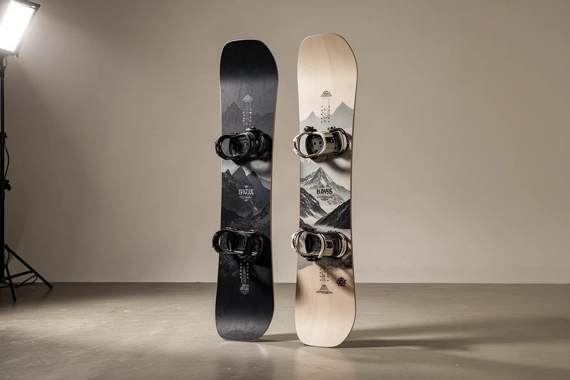 Ride Deep Fake and Ride Moderator snowboards standing side by side in a studio