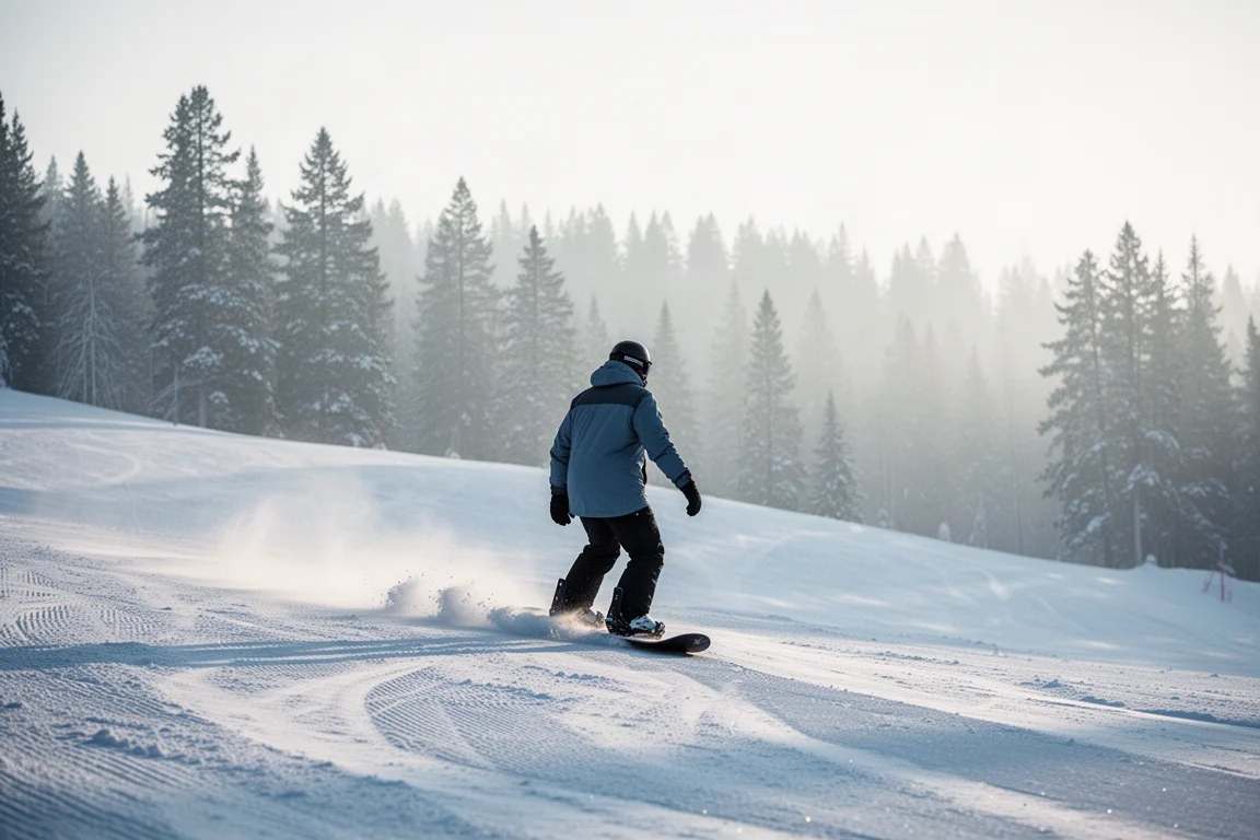 Snowboardeur vu de dos descendant une piste douce damée sous une lumière matinale tamisée