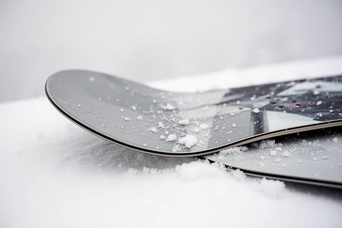 Gros plan sur le nose d'un snowboard posé sur de la neige durcie, montrant la courbe du rocker