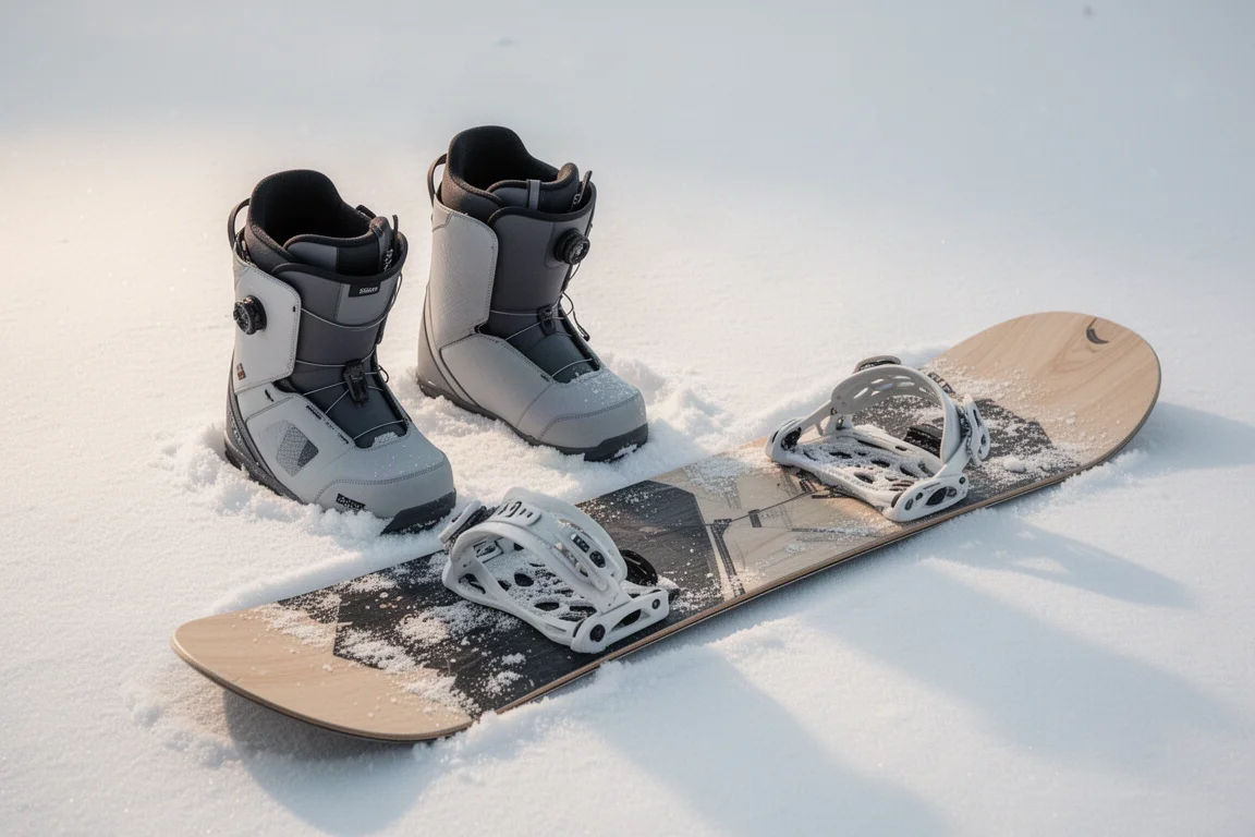 Bottes de snowboard posées dans la neige fraîche à côté d'une planche à plat avec fixations visibles