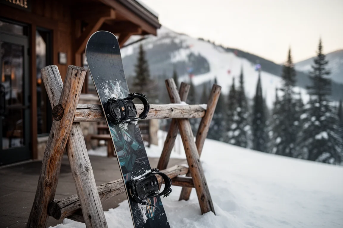 Snowboard appuyé contre un rack en bois devant un lodge de montagne en fin d'après-midi