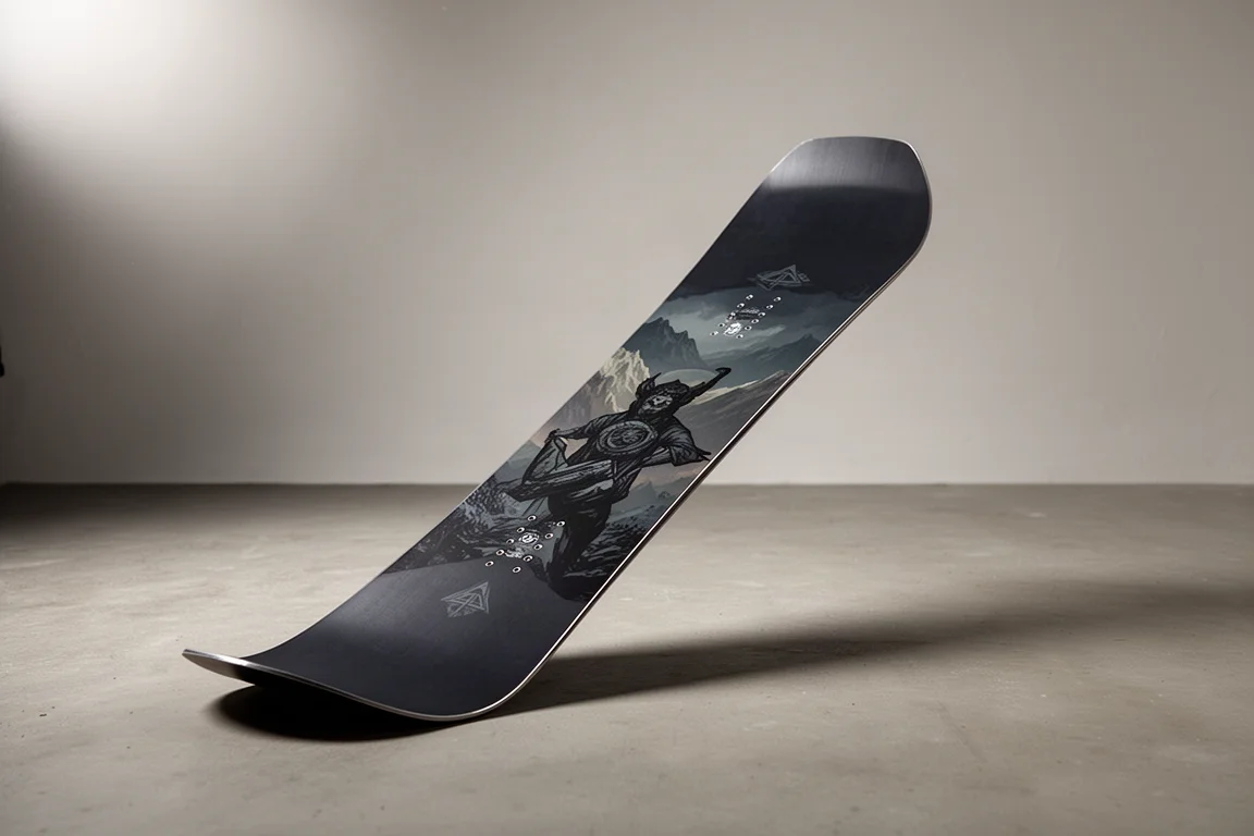 Twin-tip snowboard with a dark graphic top sheet standing on a matte concrete floor