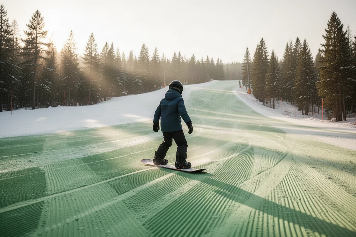 Snowboarder principiante deslizándose por una pista verde pisada con luz suave de la mañana
