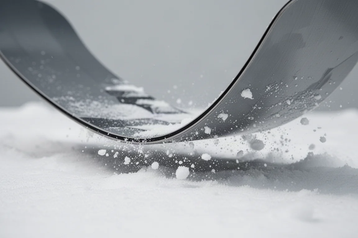 Primer plano de la sección central de una tabla de snowboard flexionándose bajo presión sobre nieve pisada