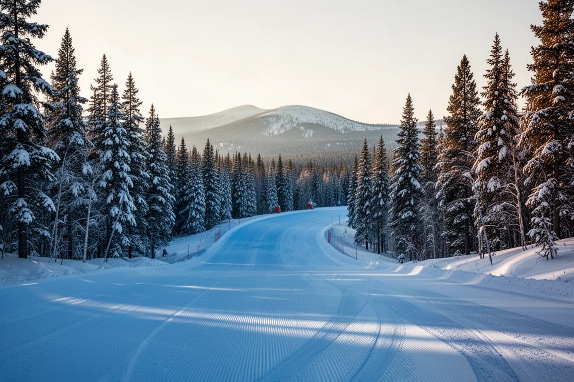 Vista amplia de una pista azul pisada que serpentea entre pinos cubiertos de nieve