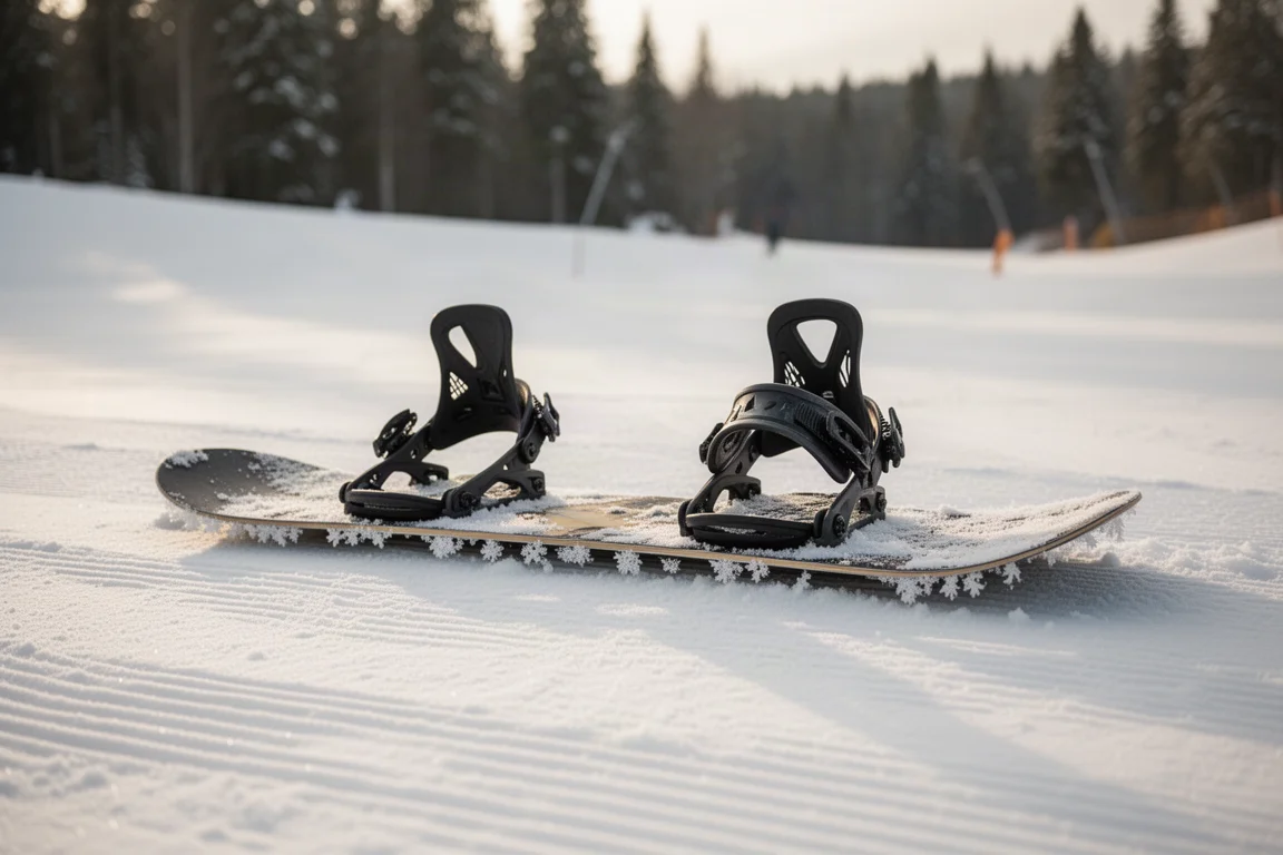 Tabla de snowboard apoyada plana sobre nieve pisada junto a una pista verde al atardecer