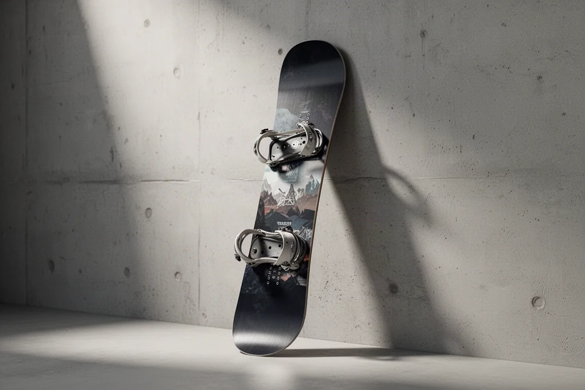 Tabla de snowboard apoyada verticalmente contra una pared de hormigón con luz suave de estudio