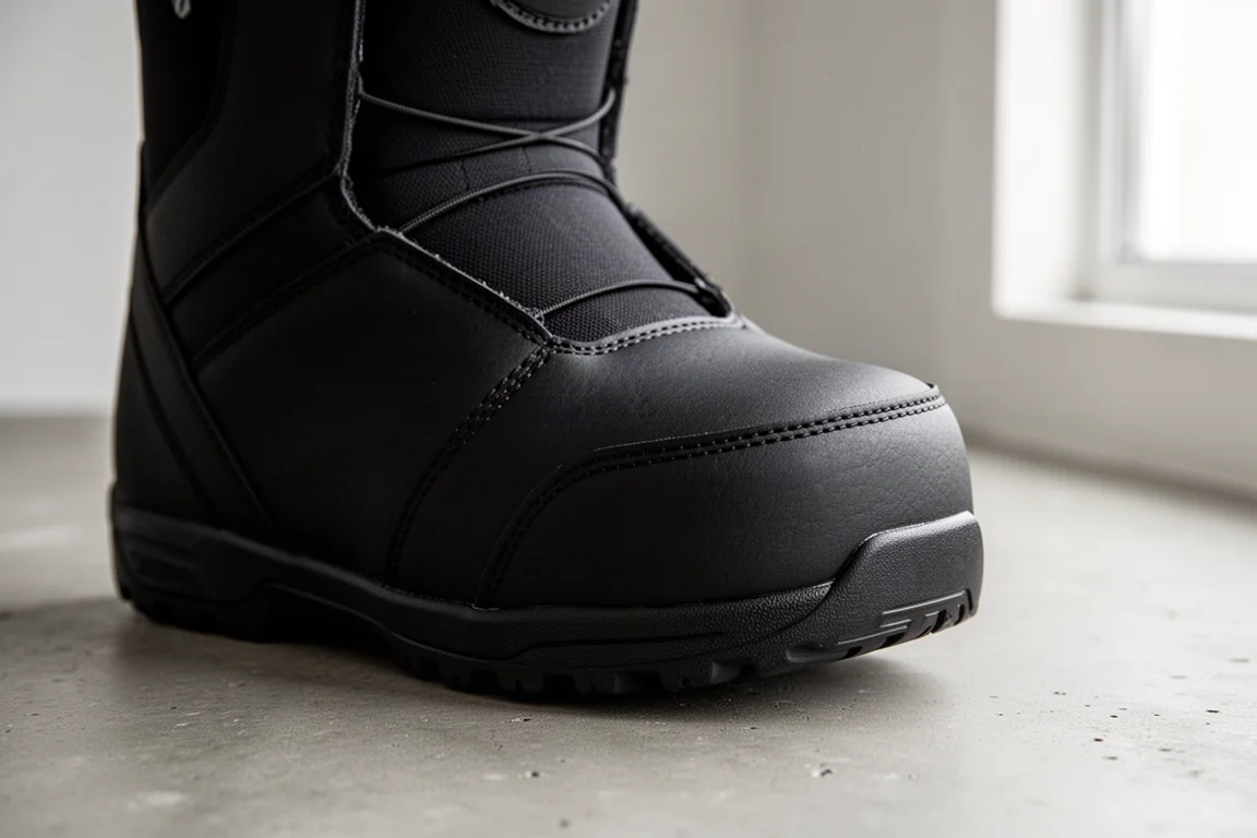 Nahaufnahme der Schale eines Snowboardboots mit geformtem Toe Cap und vernähten Nähten