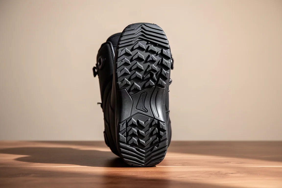 Laufsohle eines Snowboardboots mit tiefem Profilmuster auf neutraler Oberfläche