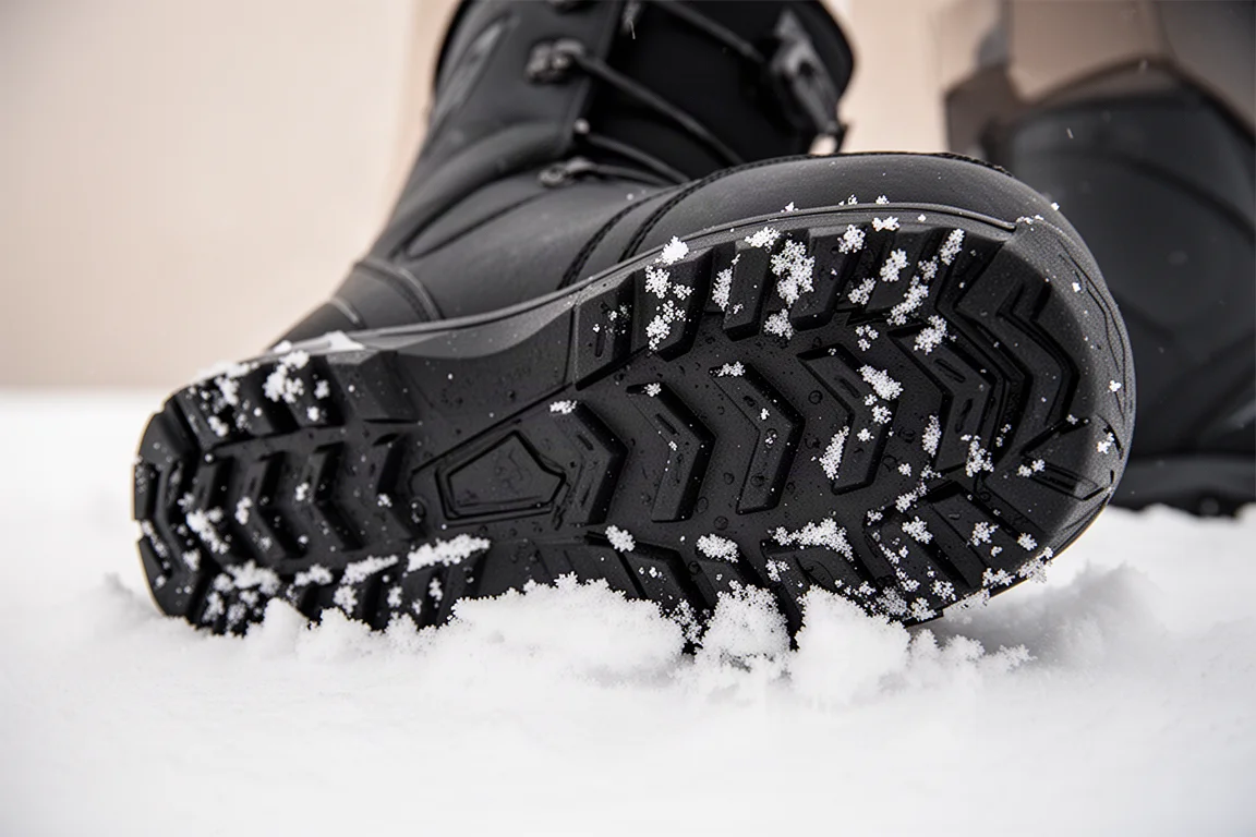 滑雪靴鞋底深刻紋在雪地上的特寫