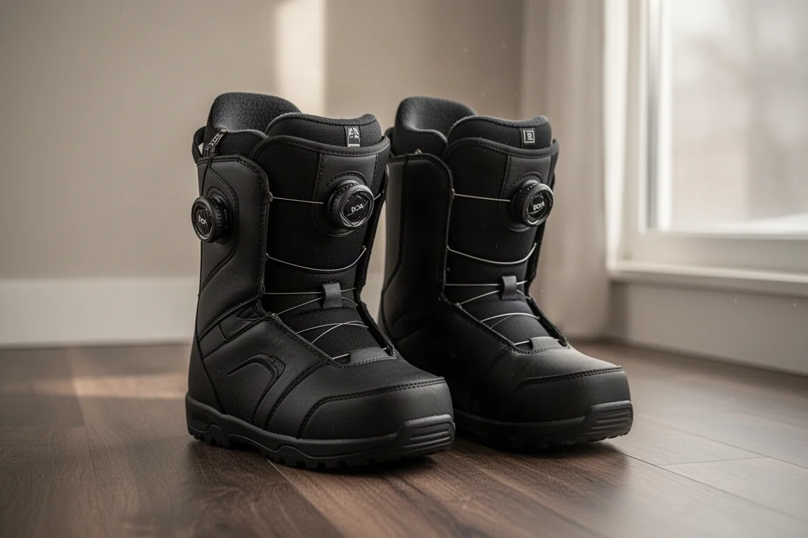 Pair of stiff snowboard boots with BOA dials resting on a wooden lodge floor
