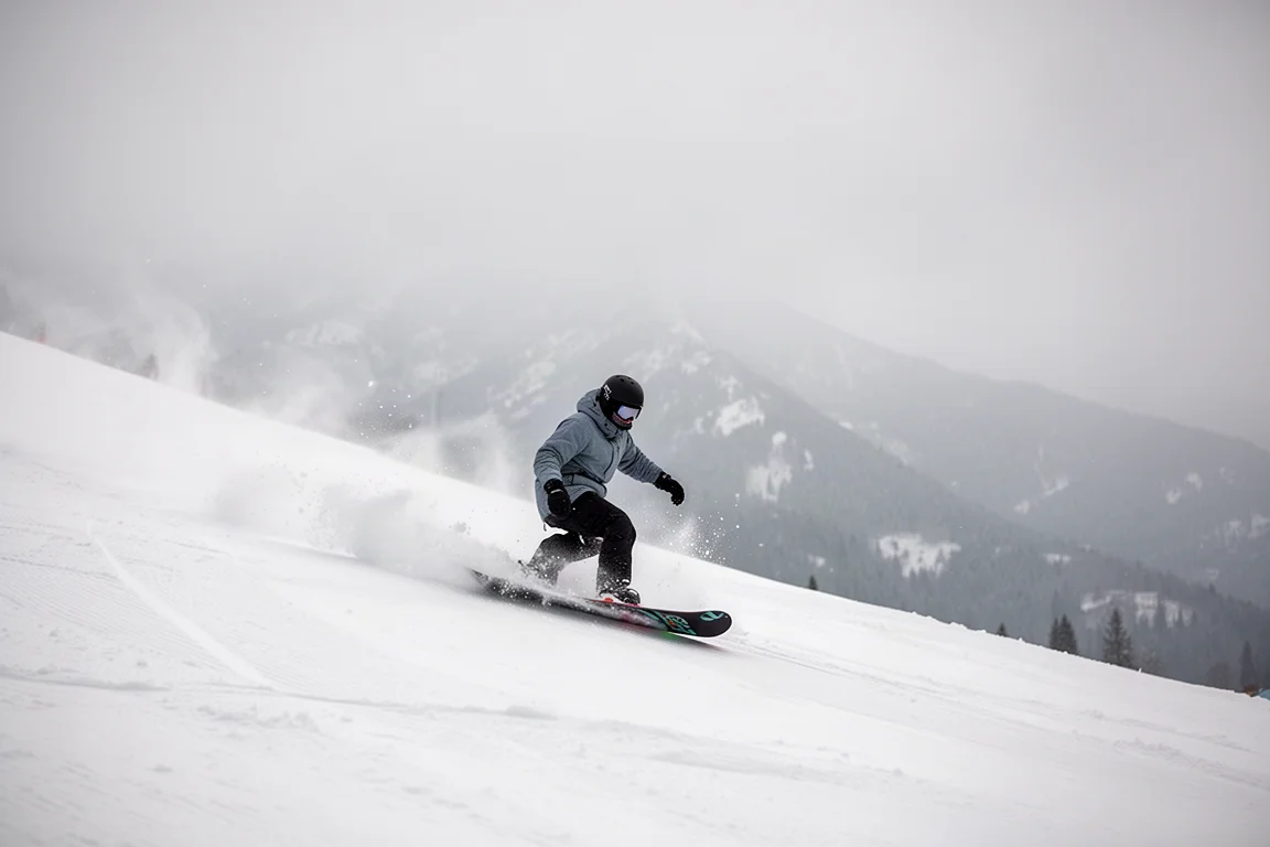 Snowboarder carving a clean line down a groomed slope