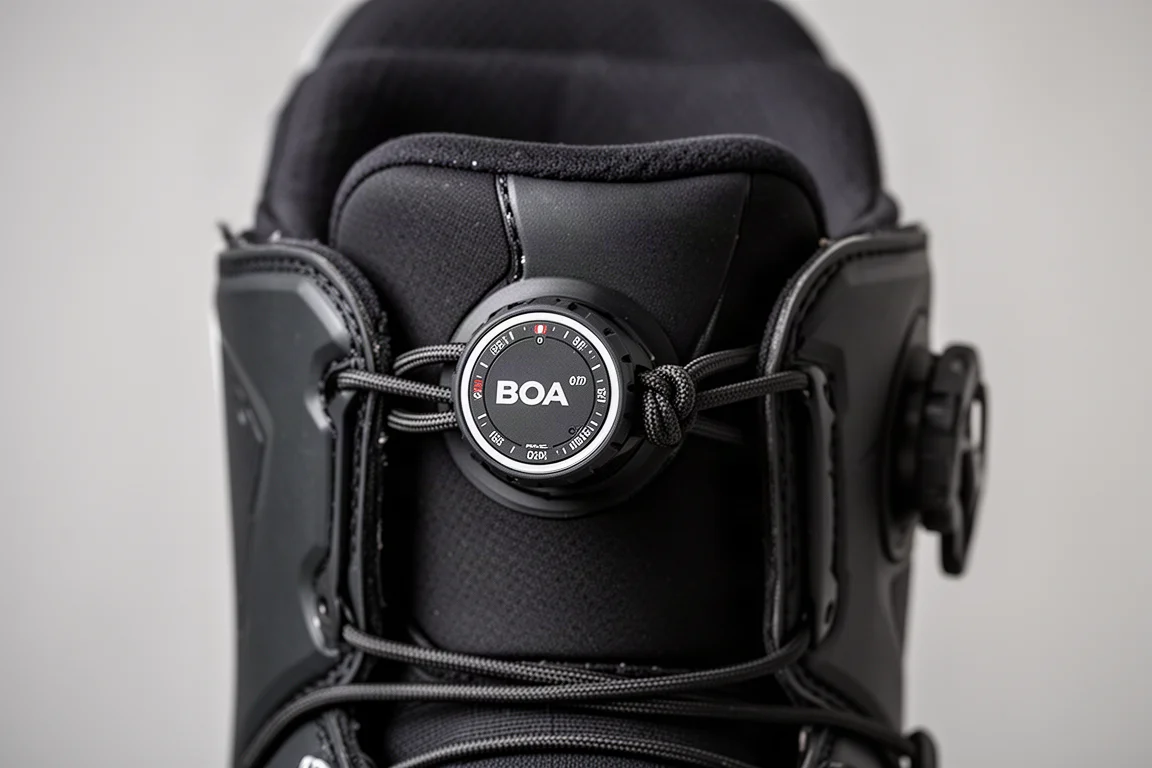 Close-up of a BOA dial and cable closure on a snowboard boot