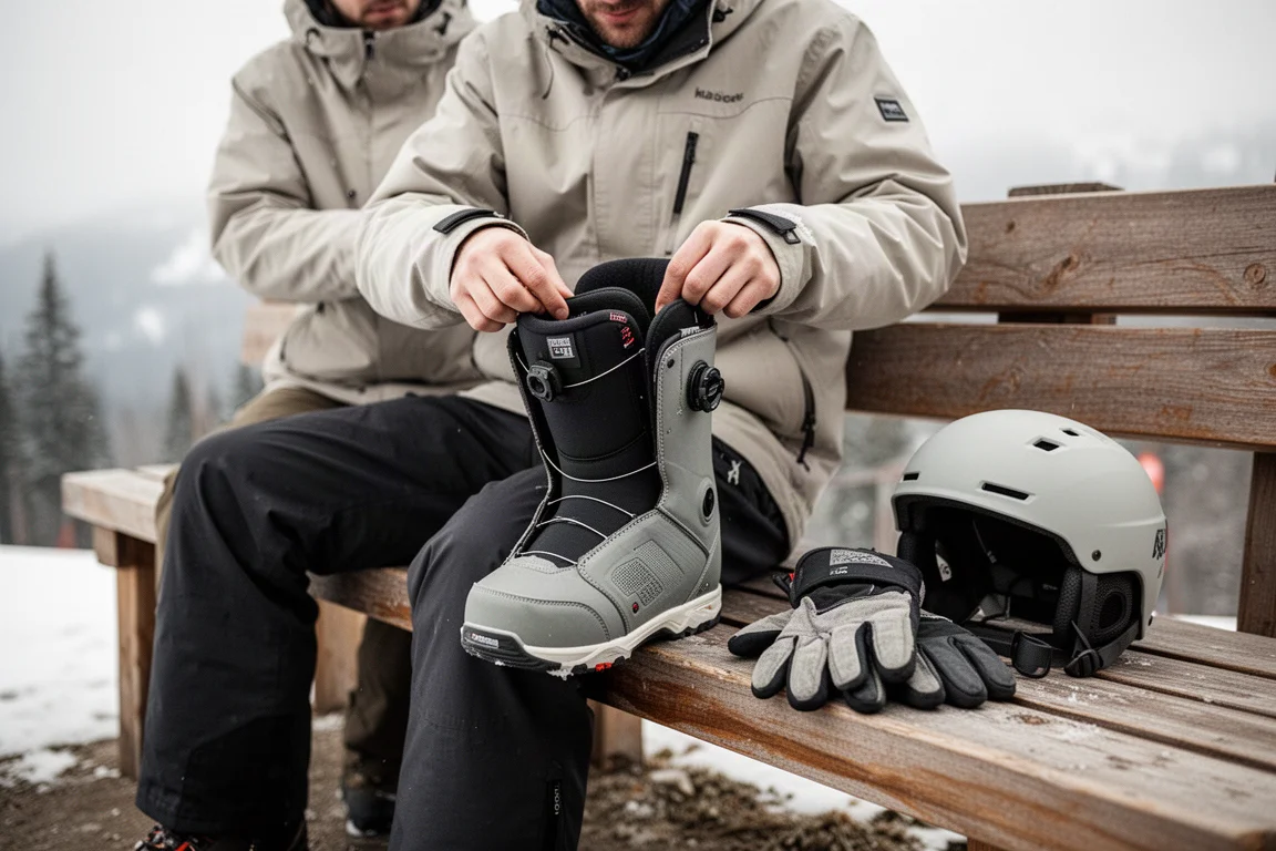 Snowboarder adjusting boot liner laces on a bench at the mountain