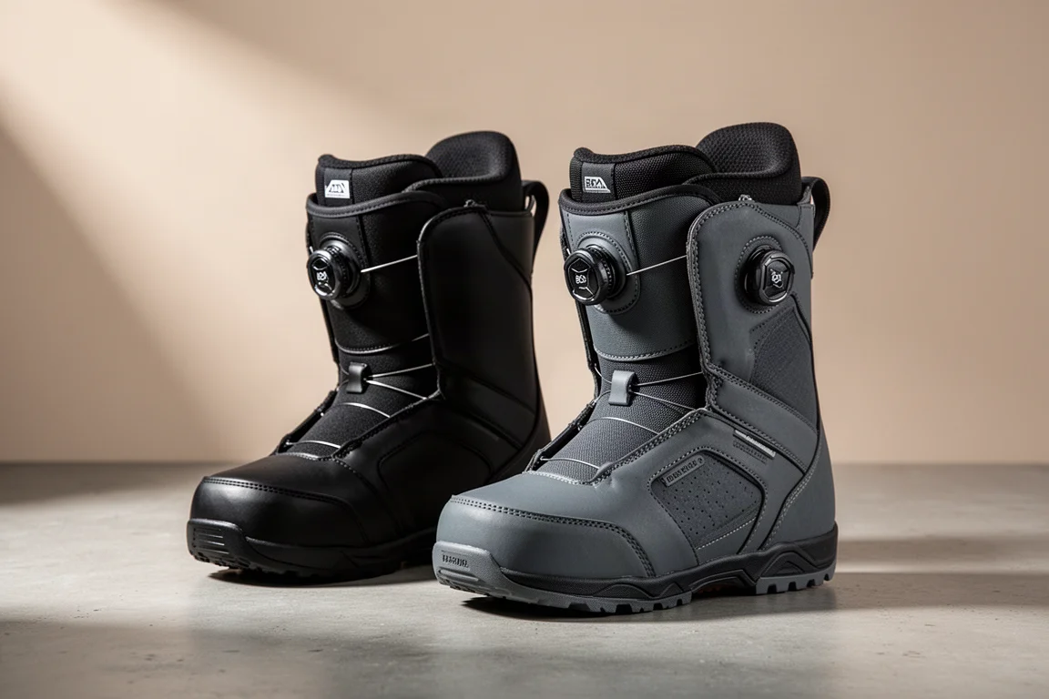 Two pairs of stiff Ride snowboard boots with BOA dials on a concrete surface